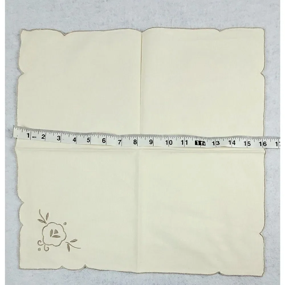 Beige Napkins Set Of 4 With Embroidered Floral Square Scalloped Edges 16
